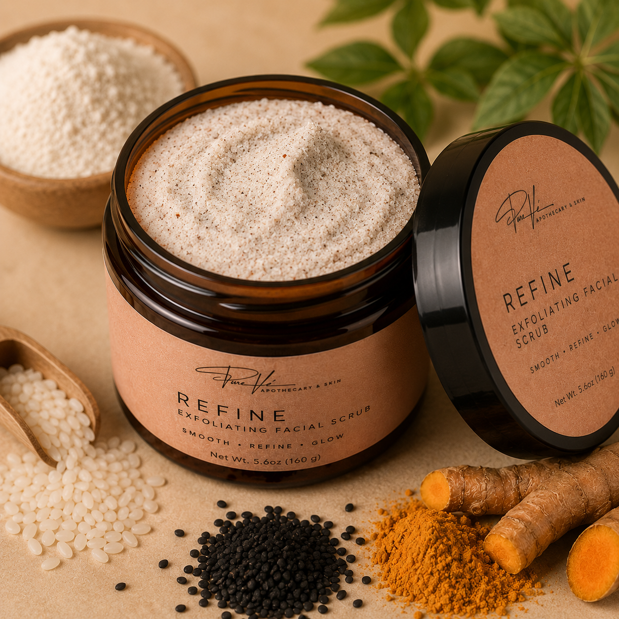 PureVe REFINE Facial Scrub crafted with Rice Flour, Turmeric Root, Black Cumin Seed, and Baking Soda for gentle exfoliation and radiant-looking skin.