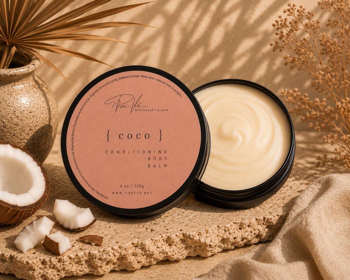 PureVe Coco Conditioning Body Butter in a 4 oz jar made with mango butter, sweet almond oil, avocado oil, and vitamin E to nourish and soften dry skin with a warm coconut-inspired scent.