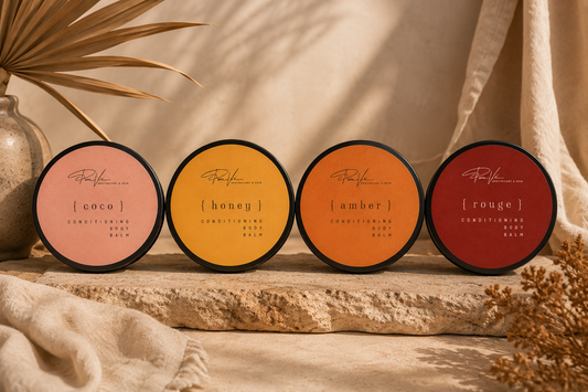 PureVe Conditioning Body Butters featuring Honey, Coco, Amber, Rouge, and Nude. Rich body balms formulated with mango butter, sweet almond oil, avocado oil, and vitamin E for soft, moisturized skin.