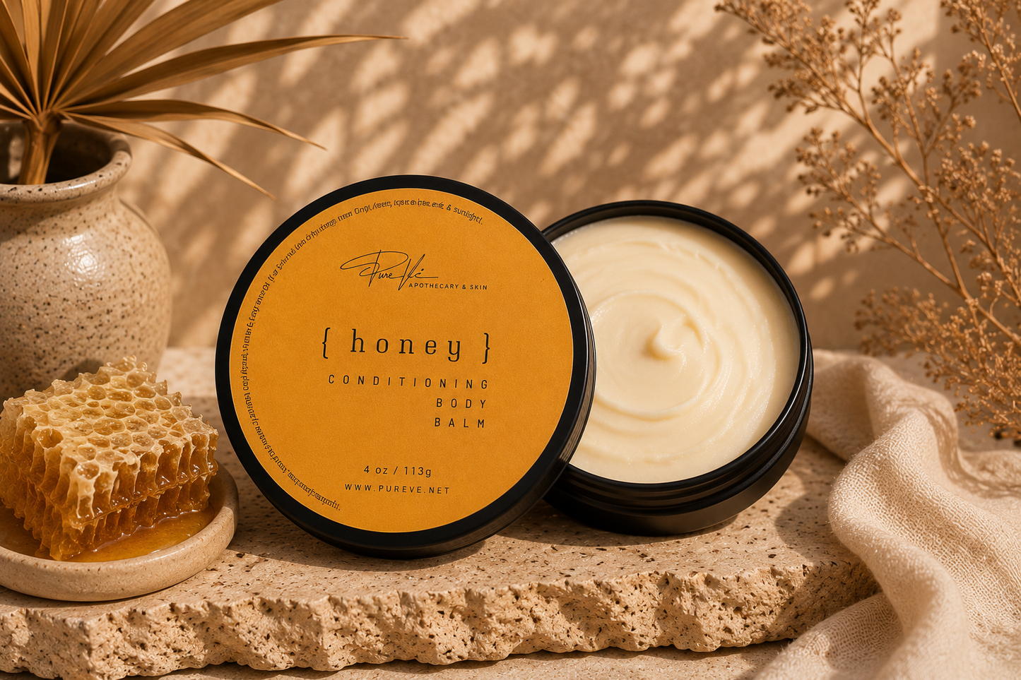 PureVe Honey Conditioning Body Butter in a 4 oz jar made with mango butter, avocado oil, sweet almond oil and vitamin E to moisturize dry skin.