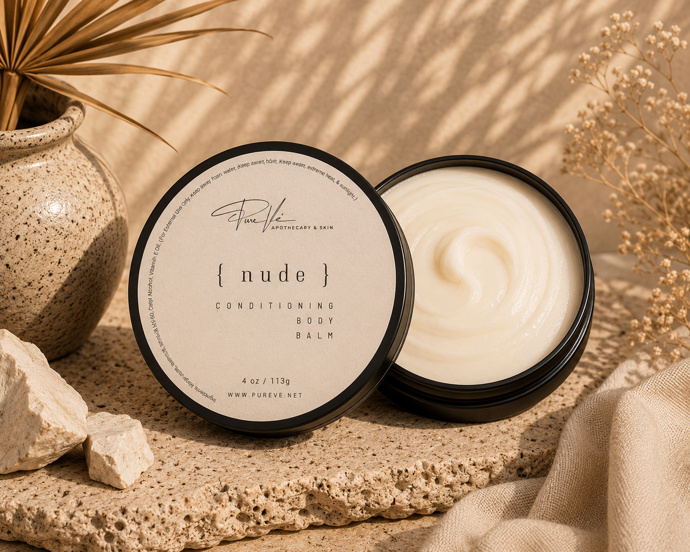 PureVe Nude Unscented Conditioning Body Butter in a 4 oz jar made with mango butter, sweet almond oil, avocado oil, and vitamin E for sensitive, dry skin.