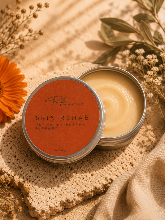 PureVe Skin Rehab Herbal Balm for dry, sensitive, and eczema-prone skin featuring calendula, plantain leaf, comfrey, mango butter, avocado oil, batana oil, and babassu oil.